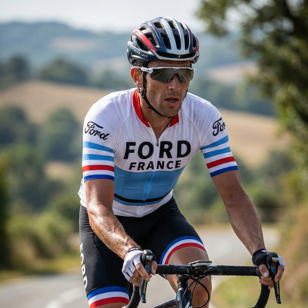 Maillot Vintage FORD FRANCE sur un cycliste