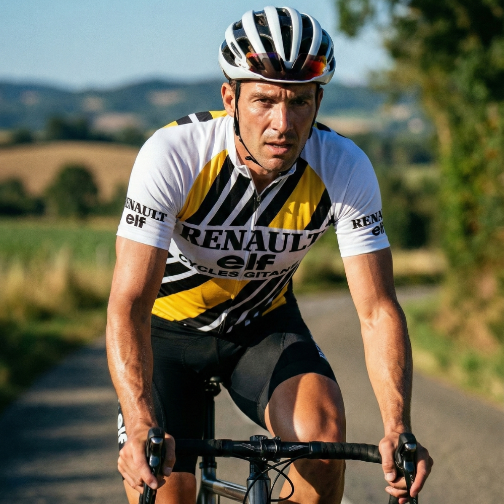 Vintage RENAULT Trikot Gelb Schwarz auf einem Radfahrer