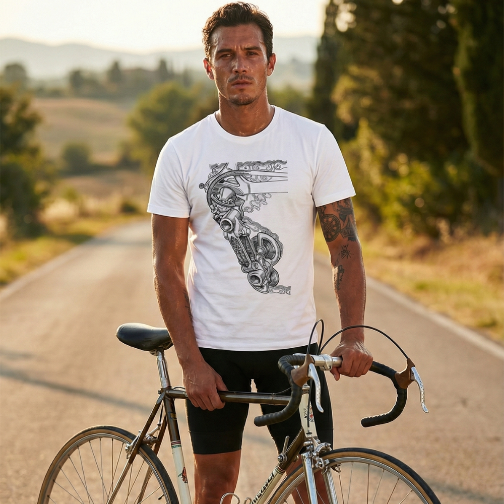 T-SHIRT VINTAGE FIETS ACCU op een fiets