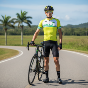 Tenue Eté Cycliste Equipe BRESIL JAUNE sur un cycliste