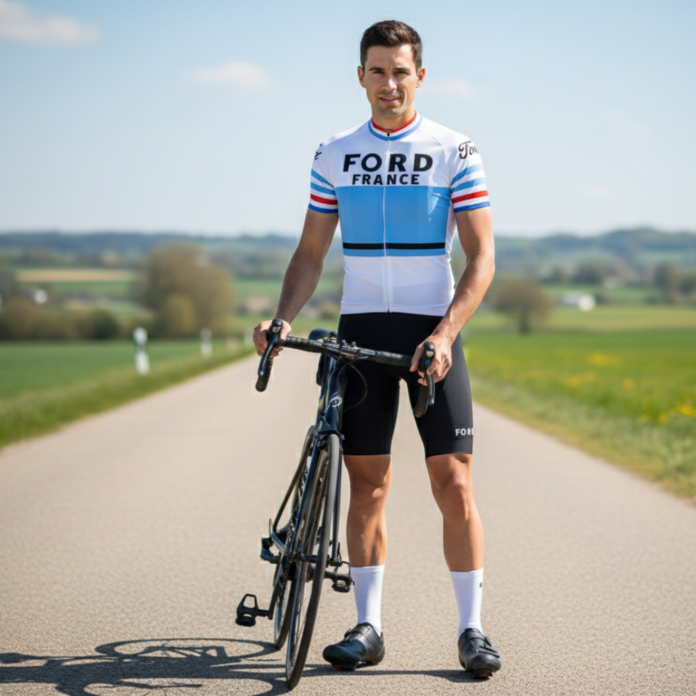 Zomeroutfit Vintage FORD FRANCE op een wielrenner