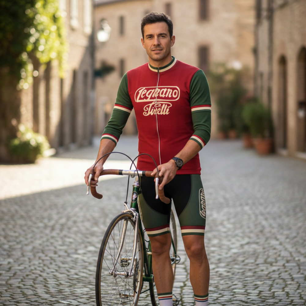 Tenue Eté Vintage LEGNANO PIRELLI sur un cycliste
