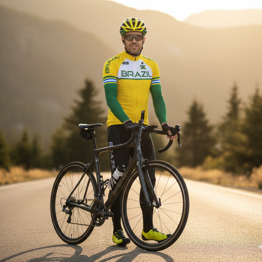 Tenue Hiver Vintage EQUIPE NATIONALE BRESIL DU JAUNE sur un cycliste