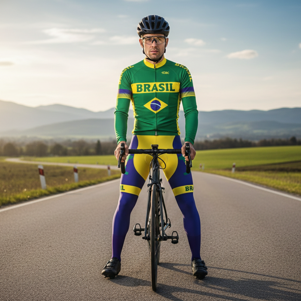 Vintage Winter Outfit Brasilien Nationalmannschaft Grün auf einem Radfahrer