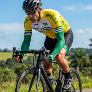 maillot Long Eté EQUIPE NATIONALE BRESIL JAUNE sur un cycliste