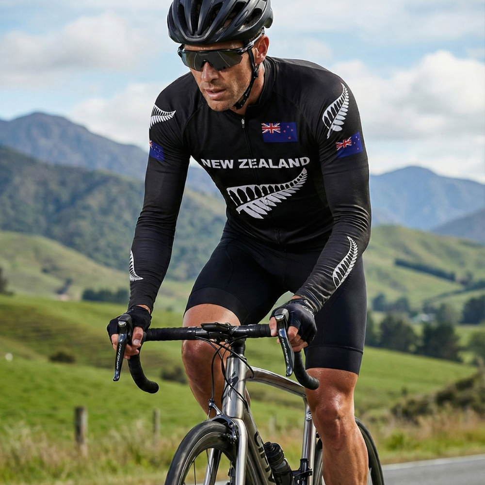 Maillot Long Été Vintage ALL BLACKS sur un cycliste