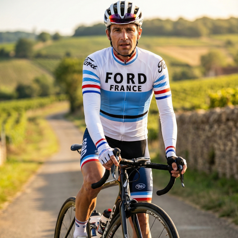Lange wielertrui Zomer Vintage FORD FRANCE op een wielrenner